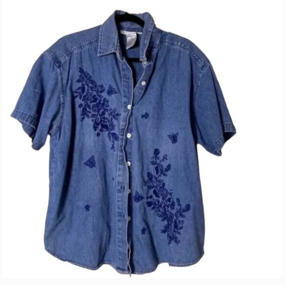 Jean Flower Floral Chic Glam Hipster Hippie Artsy Button Down Girly Blouse - Picture 1 of 10